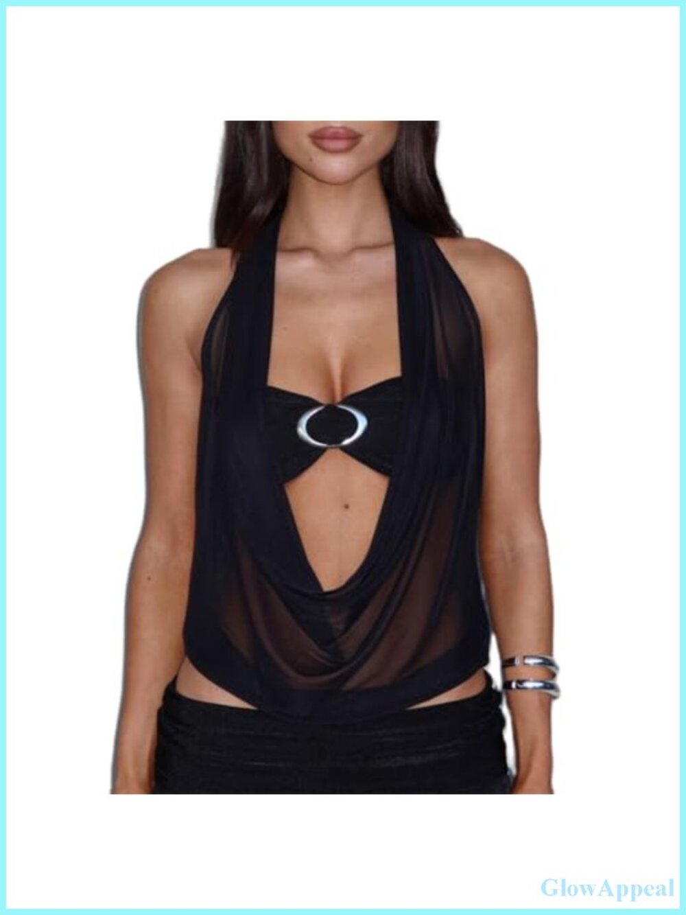 Sheer Mesh Cowl Neck Halter Top Draped Front Cut Out Tie Back Y2K Party Cami